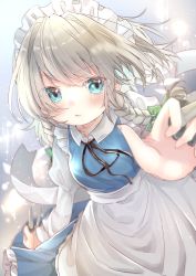 Rule 34 | 1girl, absurdres, ashino chimado, between fingers, blue dress, blue eyes, blurry, blush, braid, depth of field, dress, foreshortening, highres, holding, izayoi sakuya, knife, light particles, looking at viewer, maid headdress, reaching, reaching towards viewer, short hair with long locks, silver hair, simple background, solo, throwing knife, touhou, twin braids, weapon