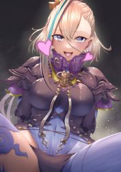 Rule 34 | 1girl, :d, absurdres, aqua hair, asymmetrical clothes, black background, breasts, covered navel, curecycadura, dutch angle, fate/grand order, fate (series), gloves, grey hair, hair between eyes, heart, highres, huyan zhuo (fate), huyan zhuo (second ascension) (fate), large breasts, long hair, looking at viewer, multicolored hair, open mouth, purple eyes, single pantsleg, single thighhigh, sitting, smile, solo, streaked hair, thighhighs