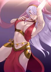 Rule 34 | 1girl, arm up, armpits, bare shoulders, belly chain, bracelet, breasts, cleavage, commentary, commission, cowboy shot, crop top, hand up, highres, jewelry, large breasts, long hair, looking at viewer, midriff, navel, original, parted lips, pelvic curtain, purple eyes, purple hair, red nails, shawl, solo, standing, stomach, thighs, veil, very long hair, vialnite