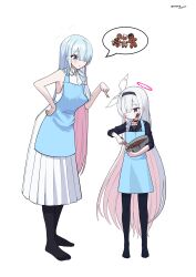 Rule 34 | 2girls, alternate costume, apron, aqua hair, armpits, black eyes, black pantyhose, black serafuku, blue apron, blue archive, blue eyes, blunt bangs, bowl, braid, cameo, chocolate, chocolate making, chocolate on face, collarbone, colored inner hair, commentary request, cookie, doodle sensei (blue archive), dual wielding, food, food on face, full body, general student council president (blue archive), hair over one eye, hairband, halo, height difference, highres, holding, holding bowl, holding whisk, jetihyeon, long hair, long sleeves, looking at another, multicolored hair, multiple girls, pantyhose, parted bangs, plana (blue archive), pointing, school uniform, sensei (blue archive), serafuku, shirt, sidelocks, simple background, single braid, skirt, sleeveless, sleeveless shirt, smile, spoken object, standing, transparent background, two-tone hair, very long hair, whisk, white hair, white shirt, white skirt
