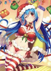 Rule 34 | 1girl, ;o, absurdres, armpits, arms up, bell, bison cangshu, blue hair, bow, box, breasts, cape, choker, cleavage, eyebrows, full body, fur trim, gift, gift box, hat, highres, jingle bell, kneeling, large breasts, midriff, navel, one eye closed, quincy (warship girls r), red bow, red eyes, red ribbon, ribbon, santa costume, santa hat, solo, striped clothes, striped thighhighs, thighhighs, twintails, warship girls r, yellow bow