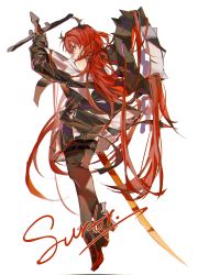 Rule 34 | 1girl, absurdres, arknights, black dress, black footwear, black jacket, black thighhighs, boots, character name, demon horns, dress, from behind, hair intakes, highres, holding, holding sword, holding weapon, horns, jacket, kuilaogouhuabudongle, long hair, looking at viewer, looking back, pink eyes, red hair, sideways glance, simple background, slit pupils, solo, surtr (arknights), sword, thighhighs, very long hair, weapon, white background