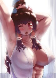 Rule 34 | 2girls, abs, armpit hair, armpits, arms up, blush, breasts, brown hair, commentary request, cookie (touhou), covered erect nipples, frilled hair tubes, frills, hair between eyes, hair tubes, hakurei reimu, hat, highres, kanna (cookie), large breasts, long hair, looking at viewer, mini person, minigirl, multiple girls, muscular, muscular female, nightcap, on head, one eye closed, open clothes, open mouth, open shirt, otemoto (baaaaloooo), red eyes, sakenomi (cookie), shirt, touhou, upper body, white shirt