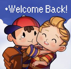 Rule 34 | 2boys, backpack, bag, blonde hair, brown hair, english text, happy, highres, hug, lucas (mother 3), male focus, mother (game), mother 2, mother 3, multiple boys, ness (mother 2), nintendo, quiff, shirt, simple background, smile, splashbrush, striped clothes, striped shirt, super smash bros., tears