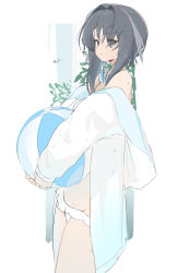 Rule 34 | 1girl, arknights, ball, bare shoulders, beachball, commentary request, cowboy shot, grey eyes, grey hair, groin, hair intakes, highres, holding, holding ball, jacket, la pluma (arknights), la pluma (summer flowers) (arknights), long sleeves, looking at viewer, medium hair, off shoulder, official alternate costume, partial commentary, signal 1120, simple background, solo, standing, thighs, white background, white jacket