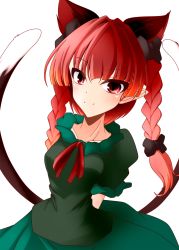 Rule 34 | 1girl, animal ears, arms behind back, black bow, blunt bangs, bow, braid, cat ears, cat tail, closed mouth, cowboy shot, extra ears, frills, green shirt, green skirt, hair bow, highres, kaenbyou rin, light blush, long hair, looking at viewer, multiple tails, muumuu (sirufuruteienn), nekomata, pointy ears, puffy short sleeves, puffy sleeves, shirt, short sleeves, simple background, skirt, smile, solo, tail, touhou, twin braids, twintails, two tails, white background