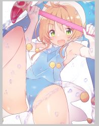 Rule 34 | 1girl, ahoge, armpits, arms up, blue leotard, blue one-piece swimsuit, brown hair, caburi, cardcaptor sakura, clothing aside, commentary request, covered navel, dress, elbow gloves, fuuin no tsue, gloves, green eyes, hat, highres, jester cap, kinomoto sakura, leg lift, leotard, leotard aside, leotard under clothes, one-piece swimsuit, open mouth, panties, panties under leotard, panties under swimsuit, see-through, short hair, solo, swimsuit, swimsuit aside, swimsuit under clothes, underwear, wand, white gloves, white panties, wind, wind lift