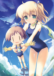 Rule 34 | 2girls, aqua eyes, belle (katahane), blonde hair, blush, brown hair, cloud, coco (katahane), day, doll joints, empty eyes, flat chest, gloves, holding, joints, katahane, kouzuki hajime, leaning forward, multiple girls, one-piece swimsuit, open mouth, outdoors, outstretched arms, rubber gloves, scarf, school swimsuit, short hair, side ponytail, sky, smile, splashing, spread arms, swimsuit, water, | |