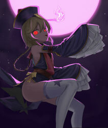 Rule 34 | 1girl, absurdres, belt, blonde hair, braid, braided ponytail, breasts, chinese clothes, closed mouth, commentary request, detached sleeves, dress, feet out of frame, fire, girls&#039; frontline, glowing, glowing eyes, hat, hat ornament, highres, jiangshi, jiangshi costume, light leave, long hair, looking at viewer, moon, nagant revolver (girls&#039; frontline), ofuda, petite, purple fire, purple moon, qingdai guanmao, red eyes, ribs, small breasts, solo, star (symbol), thighhighs, tongue, tongue out, very long sleeves, white thighhighs
