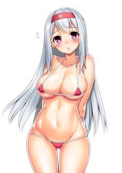 Rule 34 | 10s, 1girl, arms behind back, bare shoulders, bikini, blush, breasts, cameltoe, cleavage, collarbone, flying sweatdrops, gluteal fold, groin, hairband, highres, kantai collection, large breasts, long hair, micro bikini, navel, pink hair, shoukaku (kancolle), silver hair, simple background, skindentation, solo, string bikini, swimsuit, tel, white background