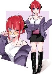 Rule 34 | 1girl, :d, ;), alternate costume, alternate hairstyle, bag, bare shoulders, black footwear, black skirt, blue eyes, blush, boots, butterfly hair ornament, cardigan, casual, collarbone, commentary, cropped torso, eyebrows hidden by hair, eyelashes, full body, go-toubun no hanayome, hair ornament, hand up, handbag, happy, highres, knee boots, looking at viewer, mame1645, medium hair, miniskirt, multiple views, nail polish, nakano nino, one eye closed, open cardigan, open clothes, open mouth, orange-tinted eyewear, pencil skirt, pink bag, pink nails, ponytail, purple background, purple cardigan, red hair, round eyewear, shirt, simple background, skirt, sleeveless, sleeveless shirt, sleeves past wrists, smile, solo, straight hair, sunglasses, tinted eyewear, two-tone background, white background, white shirt