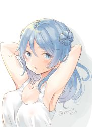 Rule 34 | :o, armpits, arms behind head, blue eyes, blue hair, breasts, cleavage, collarbone, covered erect nipples, double bun, highres, kantai collection, large breasts, long hair, one-hour drawing challenge, raymie0124, simple background, solo, tank top, twitter username, urakaze (kancolle)