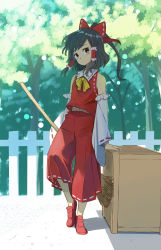 Rule 34 | 1boy, adapted costume, ascot, black hair, bow, box, broom, brown eyes, collar, commentary request, detached sleeves, donation box, fence, frilled hair tubes, frills, genderswap, genderswap (ftm), hair bow, hair tubes, hakurei reimu, highres, holding, holding broom, navel, pants, red bow, red footwear, red pants, red shirt, ribbon-trimmed sleeves, ribbon trim, shirt, shoes, sidelocks, solo, tanaka nunu, touhou, tree, white collar, wide sleeves, yellow ascot