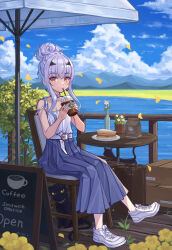 Rule 34 | 1girl, bag, black cat, breasts, cat, coffee, drink, melusine (fate), fate/grand order, fate (series), food, forked eyebrows, hair bun, highres, hoodier, long hair, looking at viewer, sandwich, sidelocks, small breasts, solo, white hair, yellow eyes