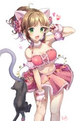 Rule 34 | 1girl, animal ears, bad id, bad pixiv id, bare shoulders, blush, breasts, brown hair, cat, cat ears, cat tail, chain, circle skirt, cleavage, collarbone, detached collar, fang, fingerless gloves, gloves, green eyes, hair ribbon, hand gesture, heart, hip focus, idolmaster, idolmaster cinderella girls, large breasts, looking at viewer, maekawa miku, midriff, navel, open mouth, pinb, pink gloves, pink skirt, ponytail, ribbon, short hair, signature, simple background, skin fang, skirt, smile, standing, tail, thighs, v, v over eye, white background