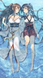 Rule 34 | 10s, 2girls, alternate costume, bandana, bare shoulders, barefoot, black hair, breasts, brown eyes, brown hair, cleavage, closed eyes, holding hands, highres, japanese clothes, kantai collection, kimono, kisetsu, long hair, looking at another, multiple girls, off shoulder, partially submerged, petals, ponytail, sarashi, very long hair, yahagi (kancolle), yamato (kancolle), yuri