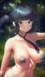 Rule 34 | 1girl, absurdres, ai-assisted, areola slip, black hair, black necktie, blue eyes, blunt bangs, blush, breasts, commentary request, curvy, grin, highres, kinhana etarou, large breasts, long hair, looking at viewer, narrow waist, necktie, nude, original, pasties, public indecency, sidelocks, smile, solo, star pasties, twisted torso, upper body, wide hips
