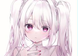 Rule 34 | 1girl, blush, closed mouth, hand up, heart, heart-shaped pupils, highres, long hair, looking at viewer, morino wako, nail polish, original, pink eyes, pink hair, pink nails, portrait, simple background, solo, symbol-shaped pupils, twintails, twitter username, white background