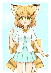 Rule 34 | 10s, 1girl, :o, adapted costume, animal ears, bad id, bad pixiv id, blonde hair, bow, bowtie, casual, cat ears, cat tail, commentary request, extra ears, green eyes, hair between eyes, highres, kemono friends, looking at viewer, outline, print bow, sand cat (kemono friends), sand cat print, shiraha maru, short hair, solo, tail, white outline