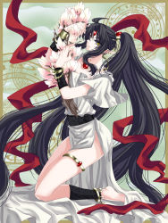 Rule 34 | 1boy, absurdly long hair, androgynous, anklet, ashura (rg veda), bare legs, barefoot, belt, black hair, border, bouquet, bracelet, flower, full body, greece, green background, high ponytail, jewelry, long hair, magic circle, magnolia, male focus, natsume you, necklace, pointy ears, ponytail, rg veda, shawl, side slit, sidelocks, solo, very long hair