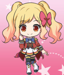 Rule 34 | 1girl, aikatsu!, aikatsu! (series), black thighhighs, blonde hair, blue bow, boots, bow, brown vest, closed mouth, epaulettes, full body, hair bow, hand up, heart, heart background, jacket, knee boots, long sleeves, nekono rin, nijino yume, open clothes, open jacket, pleated skirt, red bow, red eyes, red jacket, shirt, skirt, smile, solo, standing, standing on one leg, star (symbol), starry background, thighhighs, thighhighs under boots, twintails, vest, white footwear, white shirt, white skirt