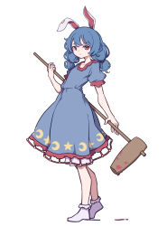 Rule 34 | 1girl, ambiguous red liquid, animal ears, bloomers, blue dress, blue hair, crescent, dress, earclip, eyebrows hidden by hair, full body, highres, kame (kamepan44231), kine, long hair, looking at viewer, mallet, moon rabbit, puffy short sleeves, puffy sleeves, rabbit ears, red eyes, seiran (touhou), short sleeves, simple background, socks, solo, stain, star (symbol), touhou, underwear, white background, white socks