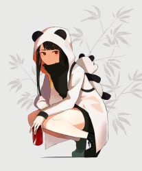 Rule 34 | 1girl, backpack, bag, black hair, boots, can, coke, highres, hood, hoodie, long hair, looking at viewer, original, red eyes, shiba inu (happy13227), shorts, smile, solo, squatting