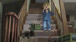Rule 34 | 1boy, absurdres, ball, barefoot, blonde hair, blue eyes, blue pajamas, child, fang, fisheye, foreshortening, hair between eyes, highres, indoors, male focus, one eye closed, original, oversized clothes, pajamas, railing, skin fang, sleepy, solo, stairs, standing, stuffed animal, stuffed toy, take no (xtc65 0), teddy bear, toy, toy car, yawning
