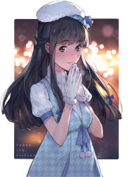 Rule 34 | 1girl, black eyes, black hair, blunt bangs, blush, dress, ekao, gloves, gradient background, hat, kuonji shizuka, long hair, looking at viewer, own hands together, smile, solo, tokyo 7th sisters