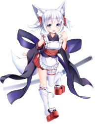 Rule 34 | 1girl, apron, black shirt, blue eyes, clenched hand, commentary request, detached sleeves, fang, full body, hazakura shoha, highres, loose thighhigh, miniskirt, obi, open mouth, original, red skirt, sandals, sash, sheath, shirt, short hair, silver hair, simple background, skirt, solo, sword, thighhighs, two side up, weapon, white background, white thighhighs