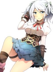 Rule 34 | 10s, 1girl, adjusting hair, black gloves, blue eyes, blush, breasts, ciel alencon, corset, fingerless gloves, frilled skirt, frills, gloves, god eater, god eater 2: rage burst, hair ribbon, large breasts, looking at viewer, ribbon, shadow, short twintails, silver hair, simple background, skirt, smile, solo, thigh strap, twintails, van-s, white background
