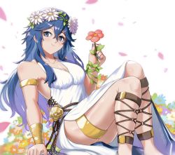 Rule 34 | 1girl, ankle strap, arm support, armband, artist name, bare shoulders, blue eyes, blue hair, blue nails, blush, breasts, burnt green tea, closed mouth, collarbone, dress, eyeliner, falling petals, female focus, fire emblem, fire emblem awakening, fire emblem heroes, flower, flower on head, hair between eyes, head wreath, highres, holding, holding flower, knees up, long hair, looking at viewer, lucina (fire emblem), lucina (valentine) (fire emblem), makeup, nail polish, nintendo, official alternate costume, petals, rope, shiny skin, side-tie dress, sidelocks, simple background, sitting, smile, solo, thigh strap, thighs, white dress