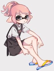 Rule 34 | 1girl, bad id, bad twitter id, black dress, blue footwear, blunt bangs, blush, dress, full body, grey background, grey eyes, inkling, inkling girl, inkling player character, invisible chair, looking at viewer, maco spl, nintendo, parted lips, pinafore dress, pink hair, pointy ears, sandals, shirt, short dress, short ponytail, short sleeves, simple background, sitting, sleeveless, sleeveless dress, solo, splatoon (series), splatoon 2, t-shirt, tentacle hair, white shirt