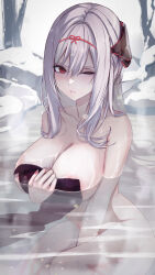 Rule 34 | 1girl, 462vvv, absurdres, breasts, covering breasts, covering privates, goddess of victory: nikke, grey hair, hair between eyes, headgear, highres, large breasts, long hair, looking at viewer, nail polish, official alternate costume, one eye closed, onsen, red eyes, scarlet (black shadow) (nikke), scarlet (nikke), solo, water, wet