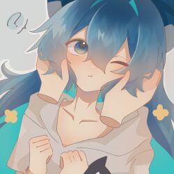 Rule 34 | 1girl, ?, blue bow, blue hair, bow, closed mouth, collarbone, commentary request, grey background, hair bow, highres, long hair, one eye closed, pov, pov hands, shionoe, simple background, solo focus, spoken question mark, touhou, upper body, yorigami shion