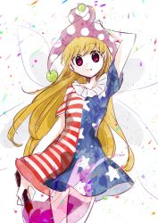 Rule 34 | 1girl, american flag dress, blonde hair, closed mouth, clownpiece, eyes visible through hair, fairy wings, fire, hand up, hat, highres, long hair, looking at viewer, pink eyes, purple hat, short sleeves, simple background, smile, solo, sparkle background, tama (hiroshige 36), tongue, torch, touhou, white background, wings