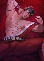 Rule 34 | 1boy, abs, absurdres, ancient greek clothes, arkapami, bara, black hair, greco-roman clothes, green eyes, hades (series), hades 1, heterochromia, highres, large pectorals, laurel crown, leggings, looking at viewer, lying, male focus, muscular, muscular male, navel, nipples, on back, parted lips, pectorals, red eyes, short hair, solo, zagreus (hades)