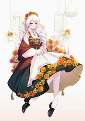 Rule 34 | 1girl, absurdres, alternate costume, blue eyes, closed mouth, drill hair, floral background, flower, full body, hair between eyes, hair flower, hair ornament, hairpin, highres, honkai (series), honkai impact 3rd, kiana kaslana, long hair, long sleeves, looking at viewer, norwegian clothes, own hands together, shoes, simple background, smile, solo, thighhighs, twin drills, white background, white hair, white thighhighs, xunxia