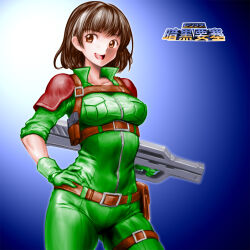 Rule 34 | 1girl, :d, belt, belt buckle, bodysuit, breast pocket, breasts, brown belt, brown hair, buckle, copyright name, covered navel, gloves, gradient background, green bodysuit, green gloves, gun, gunner (relics: ankoku yousai), hand on own hip, high collar, highres, holding, holding gun, holding weapon, leg belt, legs apart, medium breasts, minamoto80486, open mouth, orange eyes, pocket, relics: ankoku yousai, ringed eyes, round teeth, short hair, smile, solo, standing, teeth, upper teeth only, weapon