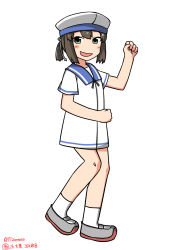 Rule 34 | 172cm, blue sailor collar, blush, brown hair, daitou (kancolle), dress, full body, hat, highres, kantai collection, looking at viewer, open mouth, sailor collar, sailor dress, sailor hat, shoes, short sleeves, simple background, smile, socks, solo, standing, tagme, twitter username, uwabaki, white background, white dress, white hat, white socks