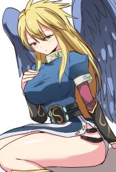 Rule 34 | 1girl, blonde hair, breasts, breath of fire, breath of fire ii, closed mouth, dress, feathered wings, green eyes, highres, large breasts, long hair, looking at viewer, masukuza j, nina (breath of fire ii), purple wings, side slit, simple background, solo, white background, wings