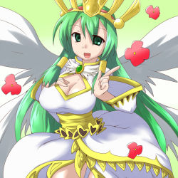 Rule 34 | 1girl, angel wings, breasts, ceres (p&amp;d), cleavage, cleavage cutout, clothing cutout, crown, dress, feathered wings, flower, gradient background, green background, green eyes, green hair, hair tubes, hand on breast, heart, ichigoya (mazikayu), jewelry, large breasts, long hair, long sleeves, lots of jewelry, matching hair/eyes, mazikayu, multicolored background, open mouth, petticoat, pointing, puzzle &amp; dragons, red flower, simple background, smile, solo, white background, white dress, white wings, wings