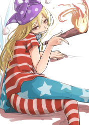 Rule 34 | 1girl, american flag, american flag legwear, american flag shirt, arm support, baketsuya, bare back, blonde hair, clownpiece, cowboy shot, crotch seam, fairy wings, fire, from behind, grin, hair between eyes, half-closed eyes, hat, head tilt, highres, holding, jester cap, long hair, looking at viewer, looking back, lying, neck ruff, on side, pantyhose, polka dot, print pantyhose, red eyes, sharp teeth, short sleeves, simple background, smile, solo, star (symbol), star print, striped clothes, striped pantyhose, teeth, torch, touhou, white background, wings