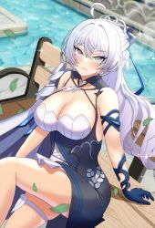Rule 34 | 1girl, absurdres, ahoge, armor, asymmetrical clothes, bench, blush, breasts, bronya zaychik, bronya zaychik (silverwing: n-ex), cleavage, commentary, drill hair, english commentary, gloves, grey eyes, grey hair, highres, honkai (series), honkai impact 3rd, large breasts, pauldrons, saylamars, shoulder armor, single glove, single pauldron, smile, twin drills