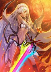Rule 34 | 1girl, altera (fate), dark-skinned female, dark skin, fate/grand order, fate (series), holding, holding sword, holding weapon, huke, looking at viewer, navel, official art, photon ray (fate), red eyes, resized, solo, sword, upscaled, waifu2x, weapon, white hair