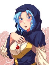 Rule 34 | 1girl, blue eyes, blue hair, breasts, dress, female focus, hood, jewelry, kesa, kumoi ichirin, large breasts, matching hair/eyes, mimuni362, necklace, open mouth, pendant, solo, touhou