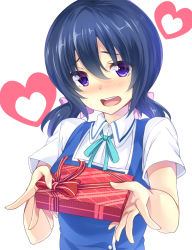 Rule 34 | 1girl, blue hair, blush, d-frag!, funabori, gift, heart, hinata sora, incoming gift, looking at viewer, open mouth, purple eyes, simple background, solo, white background