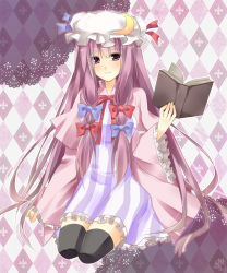 Rule 34 | 1girl, bad id, bad pixiv id, book, bow, crescent, dress, female focus, full body, hair bow, hat, highres, long hair, mizuki hau, patchouli knowledge, purple eyes, purple hair, ribbon, seiza, sitting, sleeves past wrists, smile, solo, striped, thighhighs, touhou, very long hair