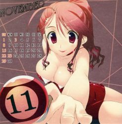 Rule 34 | 1girl, amazuyu tatsuki, ball, billiard ball, billiards, breasts, calendar, choker, cleavage, cue stick, dress, highres, large breasts, lipstick, long hair, makeup, november, pink hair, ponytail, red dress, red eyes, red hair, red skirt, skirt, smile, solo