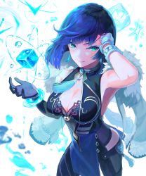 Rule 34 | 1girl, adjusting hair, black gloves, black hair, blue dress, blue hair, bracelet, breasts, cleavage, diagonal bangs, dice, dress, elbow gloves, fur-trimmed jacket, fur trim, genshin impact, gloves, green eyes, hands up, highres, jacket, jacket on shoulders, jewelry, large breasts, looking at viewer, mole, mole on breast, multicolored hair, parted lips, pelvic curtain, pi (p77777778), short hair, single elbow glove, sleeveless, sleeveless dress, smile, solo, tassel, two-tone hair, vision (genshin impact), white gloves, white jacket, yelan (genshin impact)